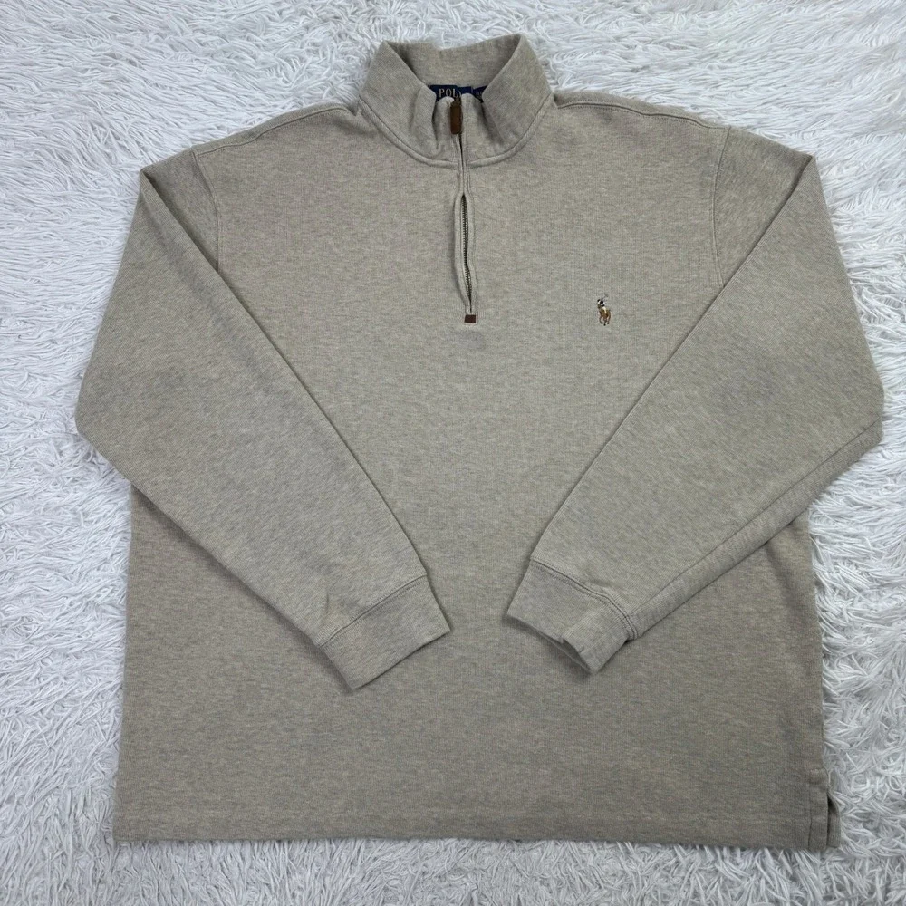Polo Ralph Lauren Sweater Mens XLT Extra Large Tall Beige 1/4 Zip Knit Mock Neck